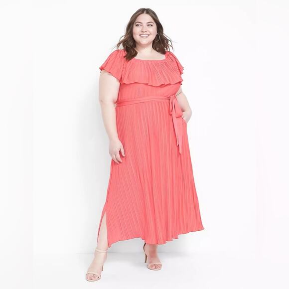Lane Bryant Convertible Off-The-Shoulder Pleated Midi Dress In Rouge Red 18/20 - Picture 4 of 15